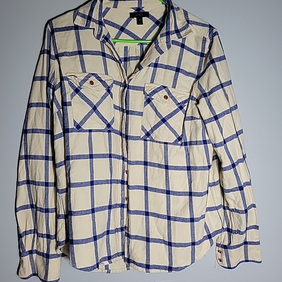J. Crew Tops - J Crew BoyFit Flannel Shirt Blue/White Window Pane Long Sleeve Women's Size 10